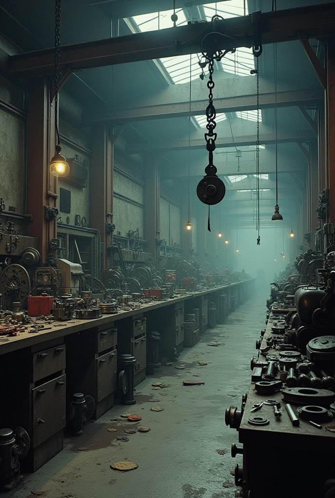 This space is filled with benches covered in metal tools., gears, and incomplete weapon parts. A pulley crane is fixed to the wall with a large hook on the end. Tools float and move on their own, as if they were obeying invisible orders.