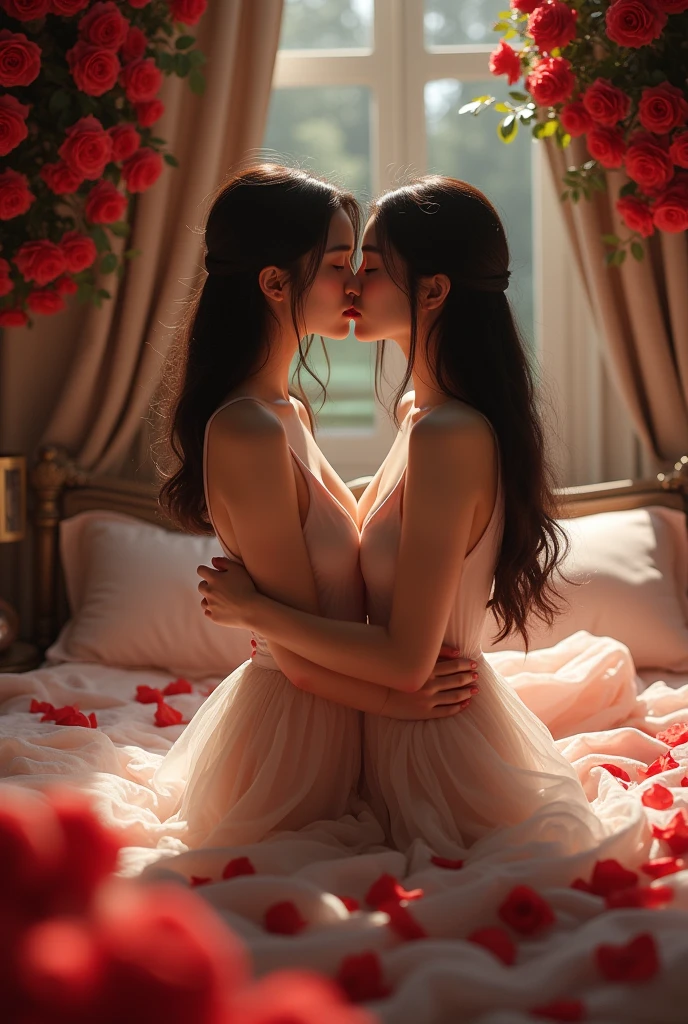 Asian girls kissing each other in a bedroom full of roses