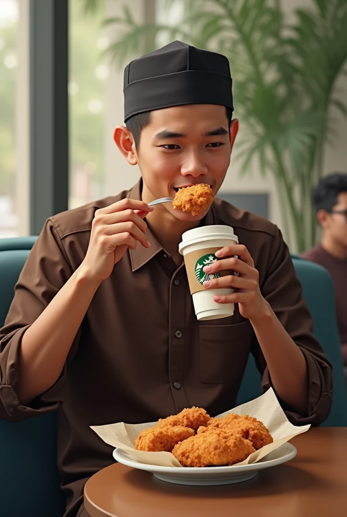 Picture me as a young Muslim student Guy wearing a peci and sarong while eating fried chicken and Starbucks coffee.