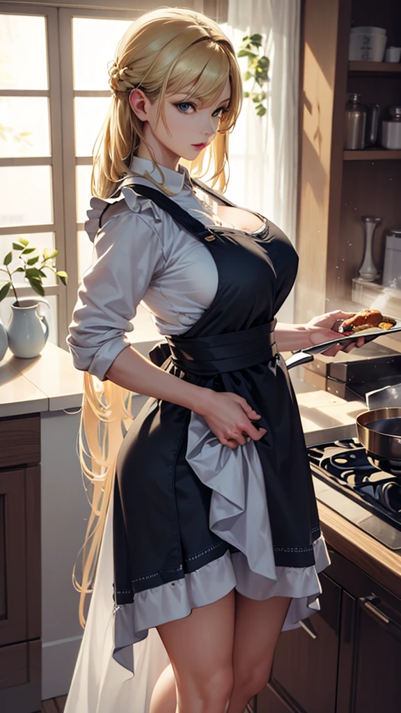 masterpiece, high quality, 4K, Beautiful design, silhouette，blonde， Very detailed，In the kitchen， wonderful, Finer details,  Very knowledgeable woman, Very detailedソロ, 1 female,Big Breasts，Butt，Cooking apron，apron，cooking，