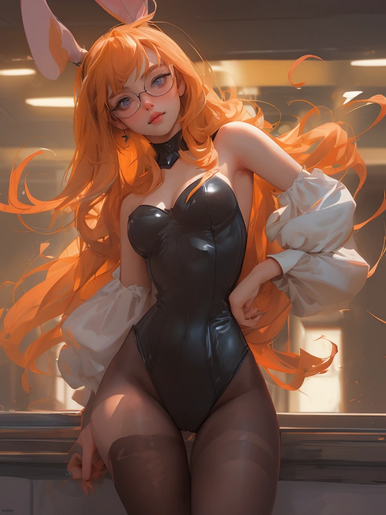 (best quality, masterpiece), depth of field, blurry background, cowboy_shot, thick thighs, standing, solo, 1girl, long orange hair, (ahoge:0.9), glasses, blunt bangs, purple eyes, (full-face blush), ((playboy bunny, pantyhose, bunny ears, highleg, highleg leotard, black leotard, leotard)), bar, night club, night,