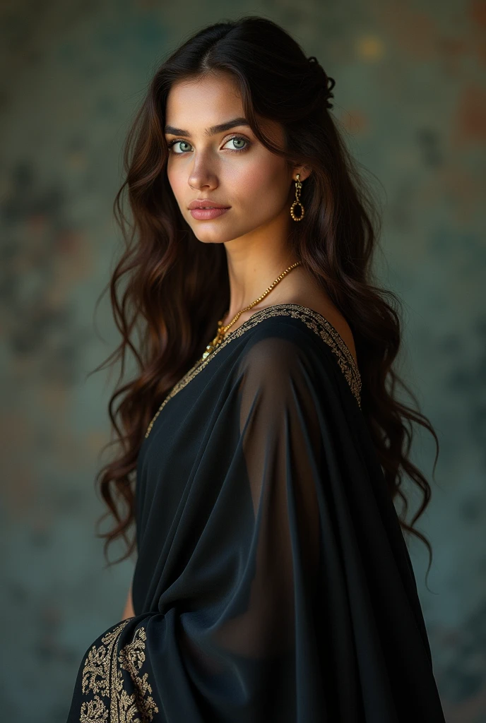 A girl with white skin tone black saree brown hair and blue eyes 