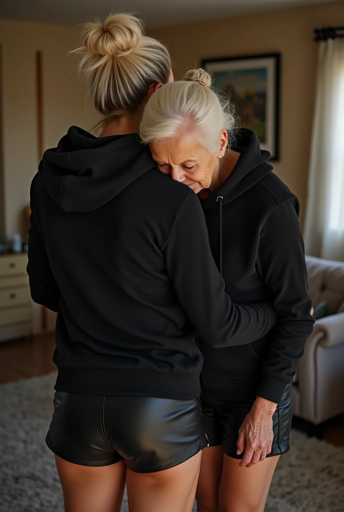 black woman hair in a bun black hoodie black leather short shorts getting fucked in the ass by a old age white grandma in a dress in a living room