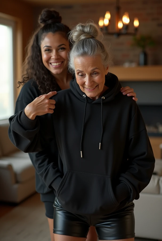 black woman hair in a bun black hoodie black leather short shorts getting fucked in the ass by a old age white grandma in a dress in a living room
