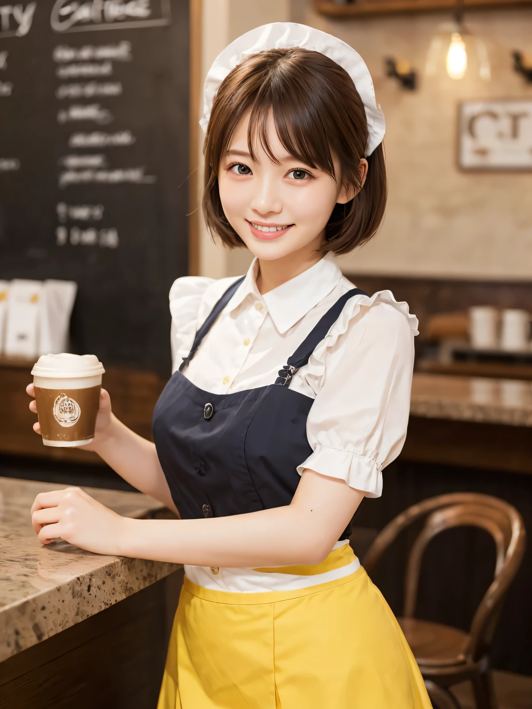 1 girl、(RAW Photos、Highest quality)、(Real、Photoreal:1.4)、Tabletop、Very delicate and beautiful、Very detailed、2k wallpaper、wonderful、Detailed、very detailedCG Unity 8K wallpaper、Super detailed、Age 25、(Yellow waitress outfit)、Pleated skirt、Frills Skirt、Big Breasts、Perfect Style、Frills、ribbon、Soft Light、Beautiful detailed girl、Bob Hair、Puff sleeves、Waitress in a café、smile、Happy Face、coffee shop