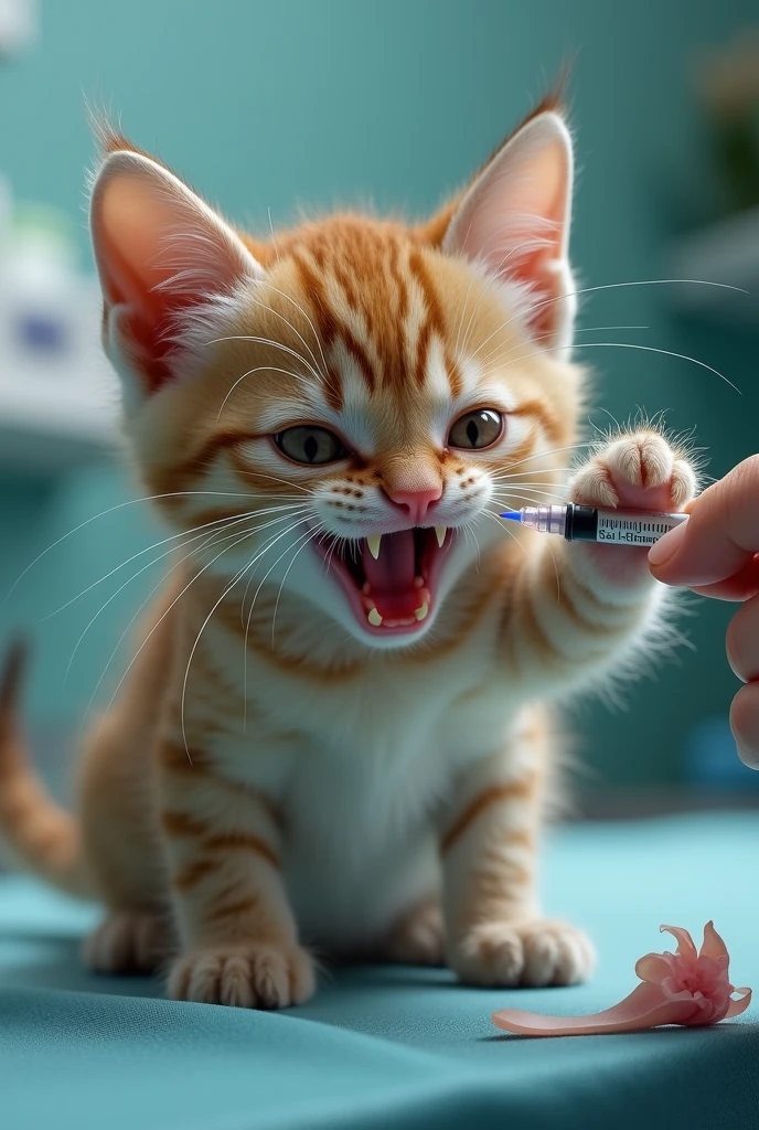 Sequence 8: Kitten’s Anger
The kitten, now more alert, grabs the syringe from the vet's hand with a mischievous expression. Its eyes are narrowed, and its tiny fangs are showing.
