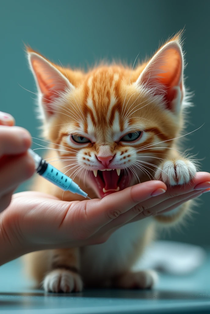 Sequence 8: Kitten’s Anger
The kitten, now more alert, grabs the syringe from the vet's hand with a mischievous expression. Its eyes are narrowed, and its tiny fangs are showing.
