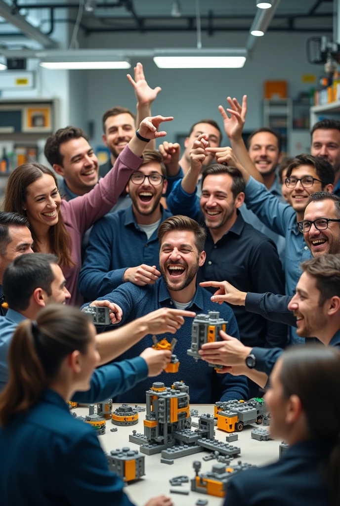 a huge human team of highly skilled engineers laughing success, having assembled 2 lego pieces together