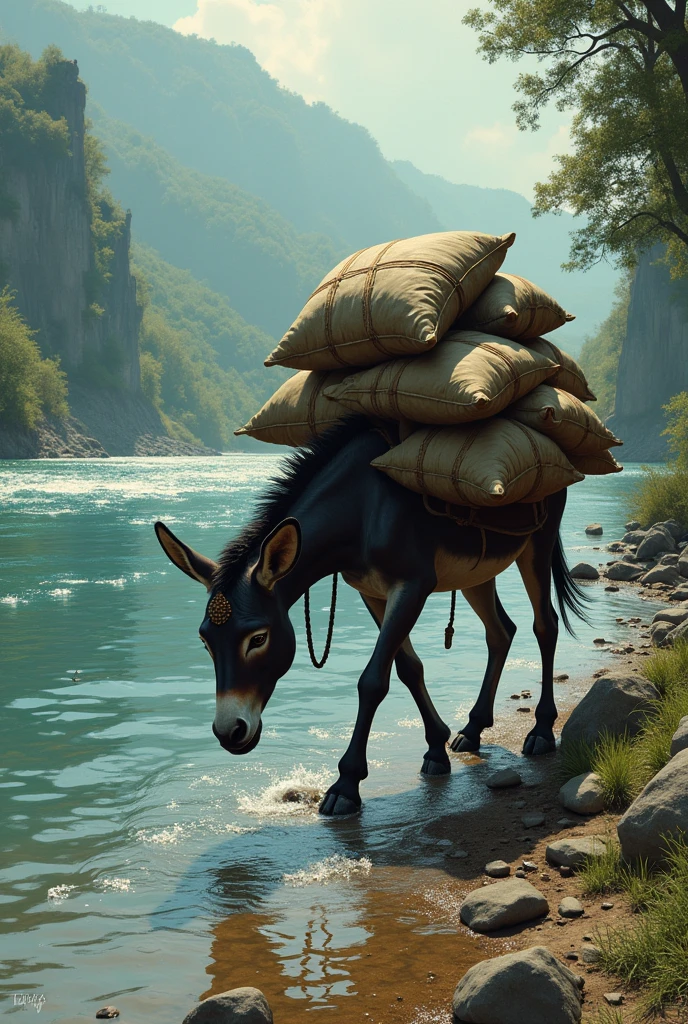 A donkey carrying many sacks went to the river to drink water and the donkey drowned