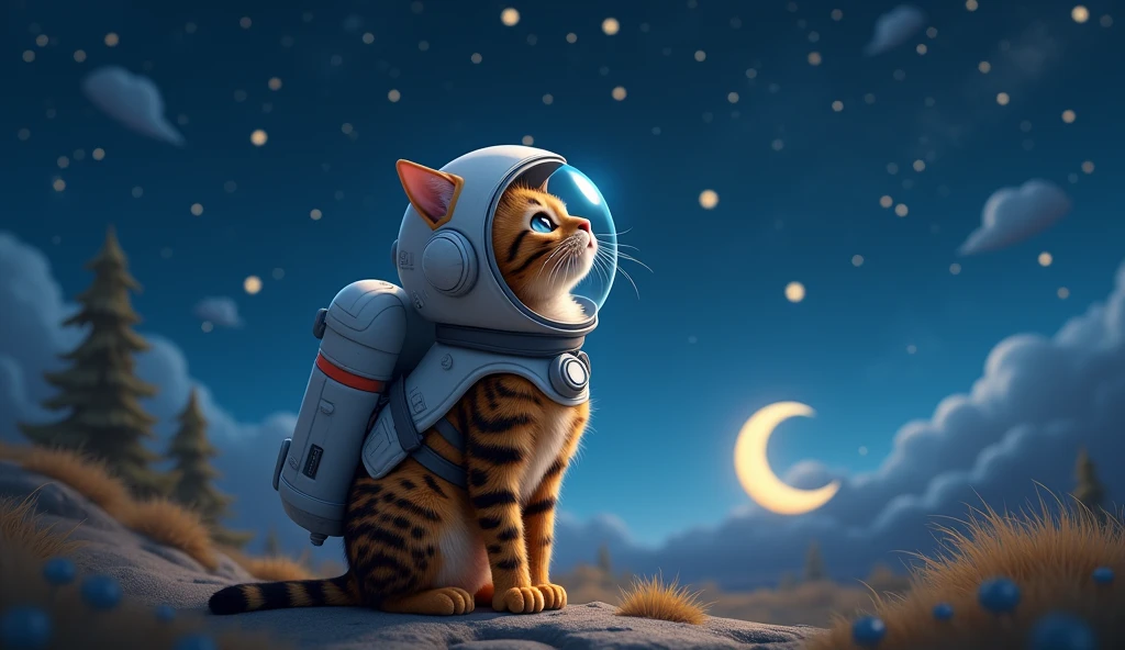 Cat looking up at the stars,Bengal cat,Wearing a space suit hat,The Moon on the Ground,