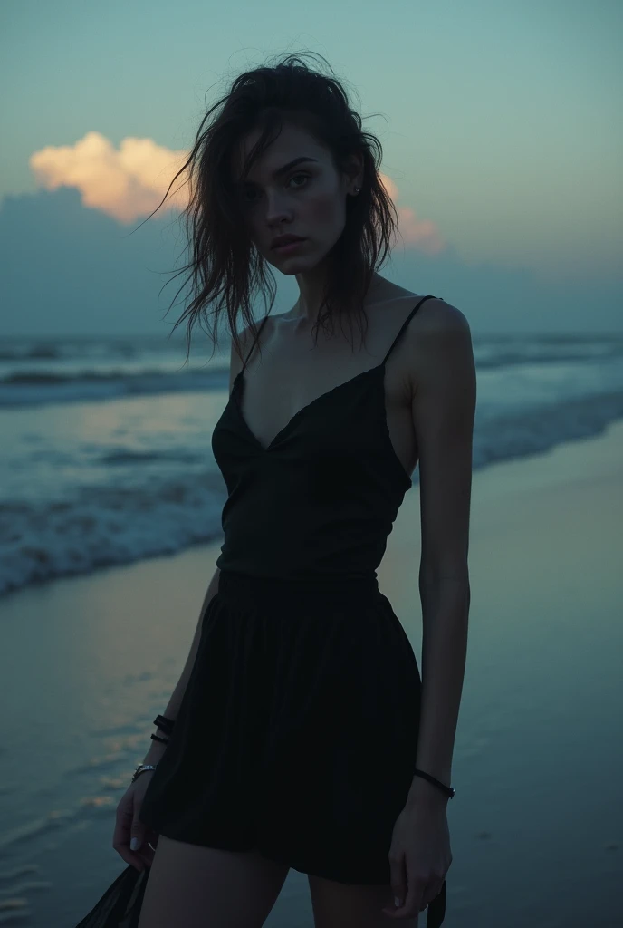 BEAUTIFUL HOT MODEL, SAD, BEACH, DARKNESS, SHORT DRESS, SAD SONG