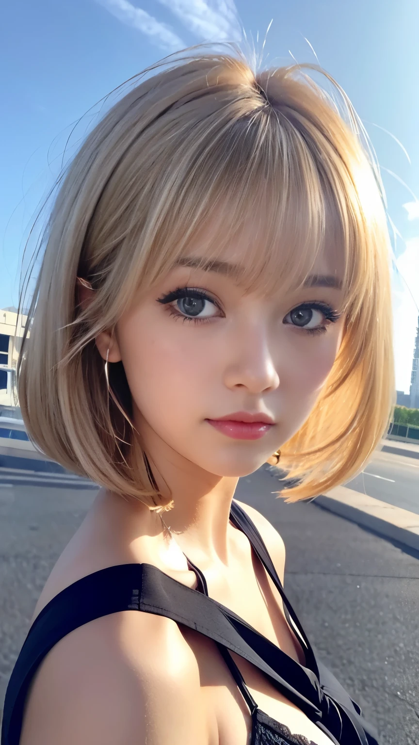 Sexy Big 、Sexy and cute looks and cute beautiful girl, Beautiful and sexy face、A strong wind blows my hair in front of my face、Cute short hair blonde, Sexy eyes hidden by long bangs.、Cute ribbon