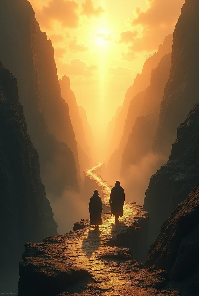 A path between heaven and hell, realistic, dramatic scene, 4k ,50mm canon lens, with bright golden light above