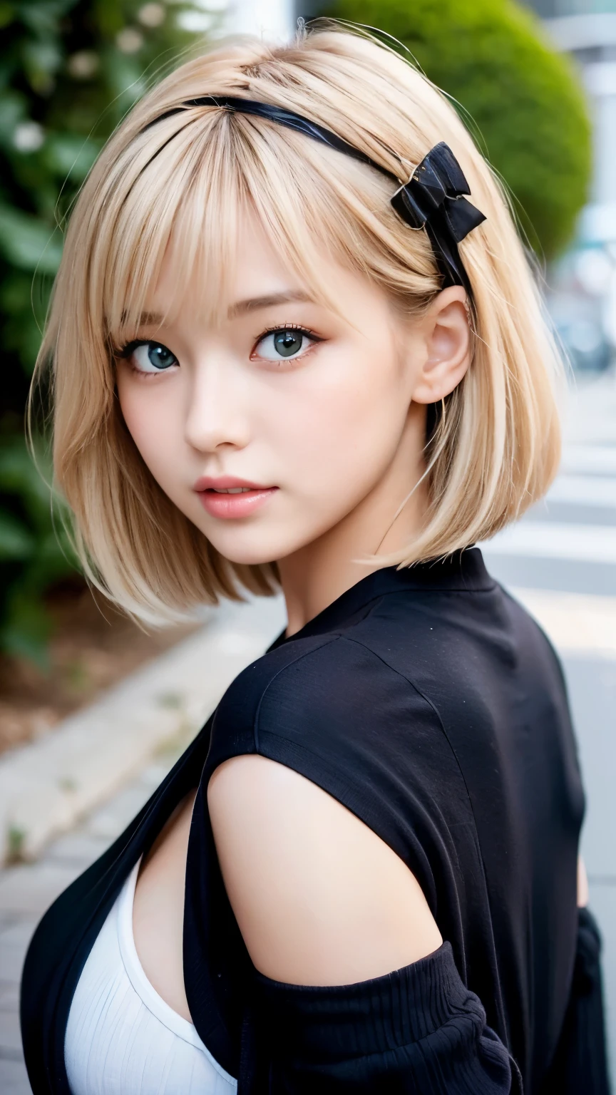 Sexy Big 、Sexy and cute looks and cute beautiful girl, Beautiful and sexy face、A strong wind blows my hair in front of my face、Cute short hair blonde, Sexy eyes hidden by long bangs.、Cute ribbon