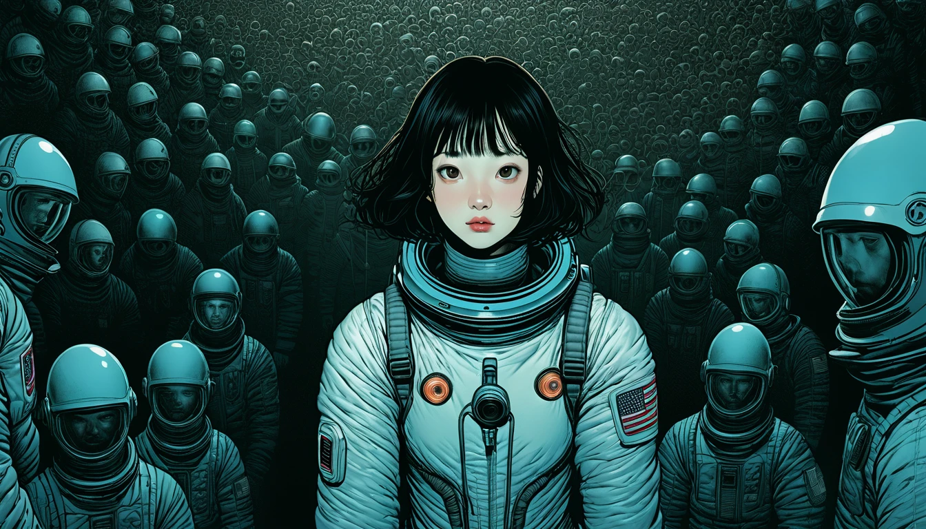 An illustration、art、Horror, Supervised by Junji Ito、Attention to detail, Realistic shadows、Analog Style, chromatic aberration, Surrealism、Spacesuit、Grave