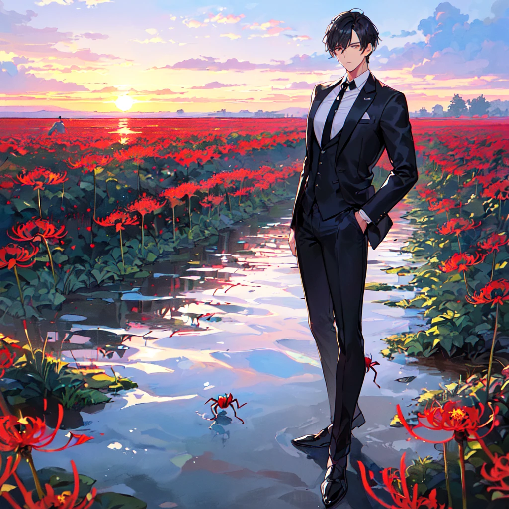 masterpiece,best quality,high quality,(1male austere handsome solo adult age 30 years old:1.5), purple eyes, cool with suspended eyes, V-shaped eyebrows, body strong and fearless 8.5 head tall, height 185cm, (well-groomed black short hair down to neck:1.4), (bangs 7 thirds parted:1.4), slender nose, facial muscles, throat, (black suit black tie black pants:1.3), (standing:1.3), (stylish pose), (cool sad expression:1.3), (Red spider lily flower field:1.3) , (sunrise:1.3)