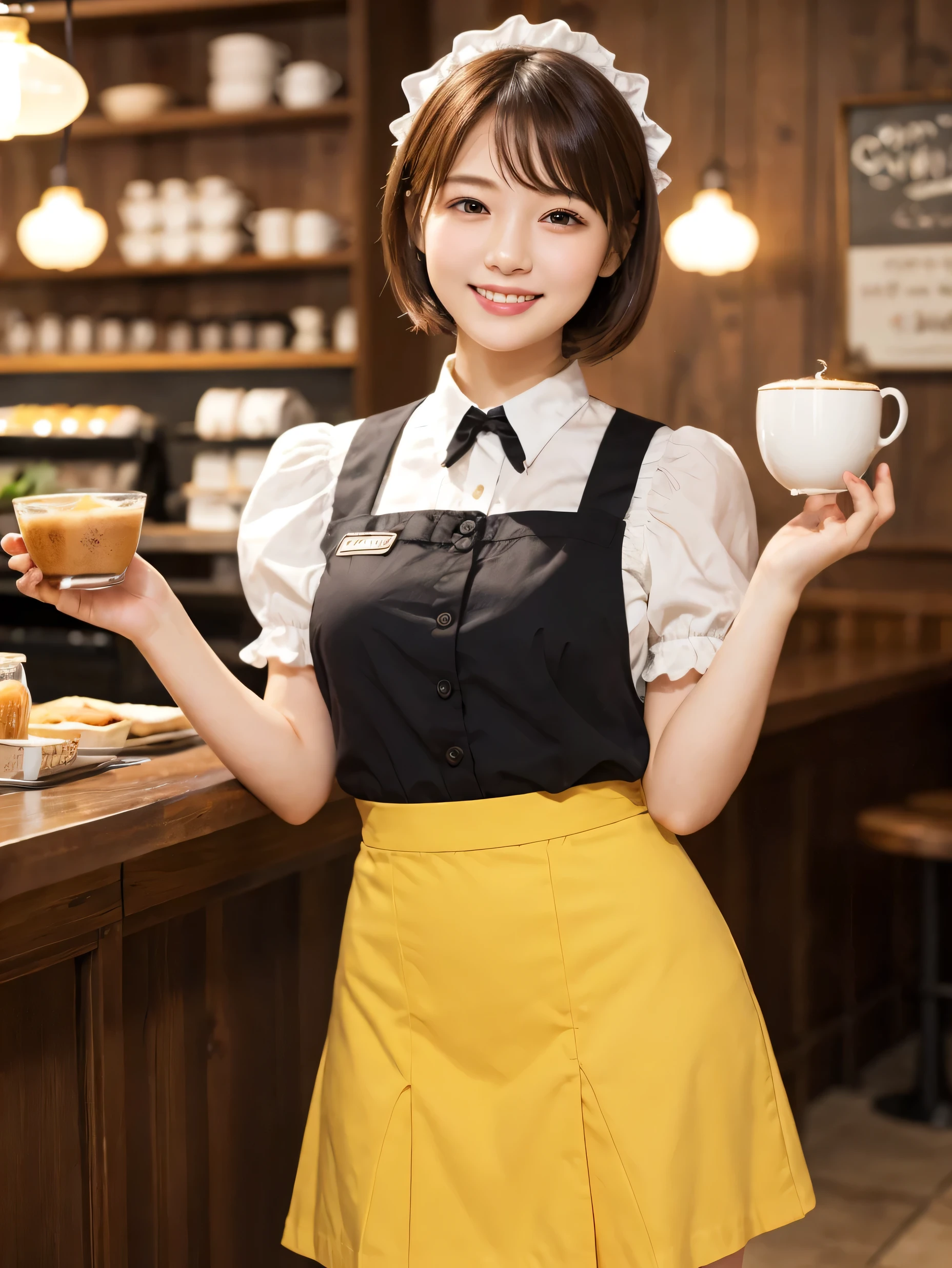 1 girl、(RAW Photos、Highest quality)、(Real、Photoreal:1.4)、Tabletop、Very delicate and beautiful、Very detailed、2k wallpaper、wonderful、Detailed、very detailedCG Unity 8K wallpaper、Super detailed、Age 25、(Yellow waitress outfit)、Pleated skirt、Frills Skirt、Big Breasts、Perfect Style、Frills、ribbon、Soft Light、Beautiful detailed girl、Bob Hair、Puff sleeves、Waitress in a café、smile、Happy Face、coffee shop