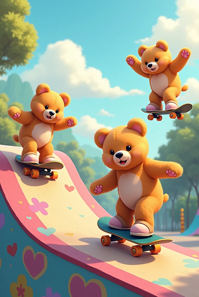 Create a horizontal wallpaper with teddy bears and skateboard