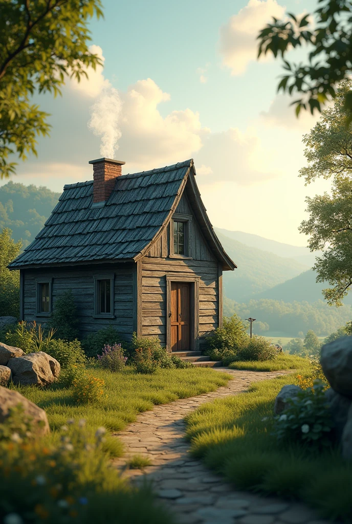 In the morning there is only one beautiful  small old house in nature.