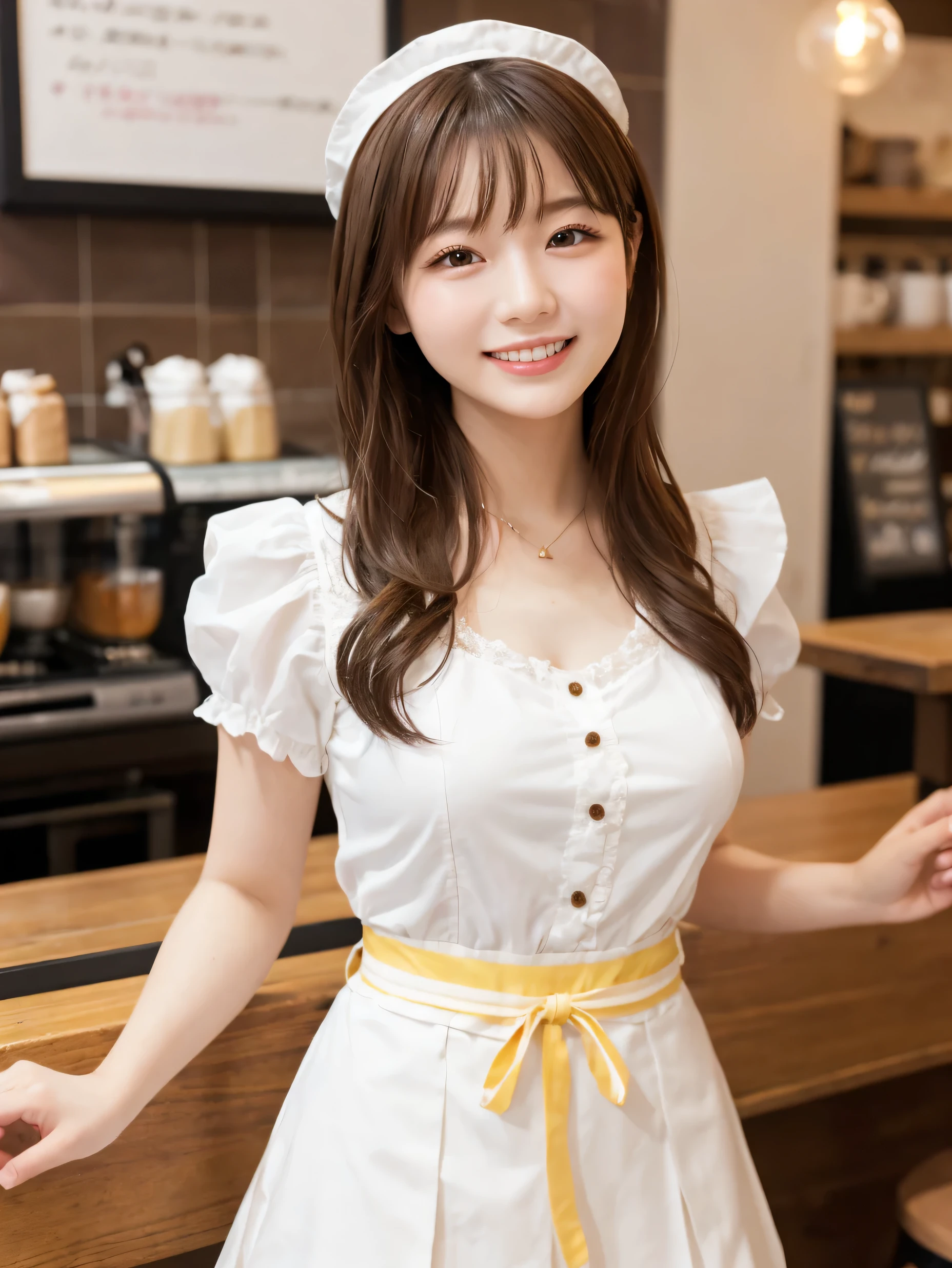 1 girl、(RAW Photos、Highest quality)、(Real、Photoreal:1.4)、Tabletop、Very delicate and beautiful、Very detailed、2k wallpaper、wonderful、Detailed、very detailedCG Unity 8K wallpaper、Super detailed、Age 25、(Yellow and white waitress outfit)、Pleated skirt、Frills Skirt、Big Breasts、Perfect Style、Frills、ribbon、Soft Light、Beautiful detailed girl、Bob Hair、Puff sleeves、Waitress in a café、smile、Happy Face、coffee shop