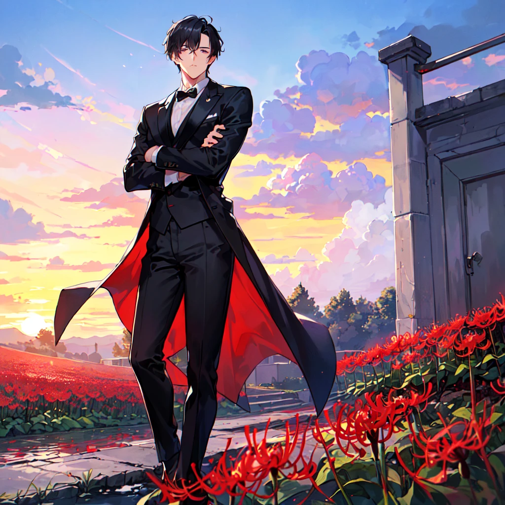 masterpiece,best quality,high quality,(1male austere handsome solo adult age 30 years old:1.5), purple eyes, cool with suspended eyes, V-shaped eyebrows, body strong and fearless 8.5 head tall, height 185cm, (well-groomed black short hair down to neck:1.4), (bangs 7 thirds parted:1.4), slender nose, facial muscles, throat, (black suit black tie black pants:1.3), (standing:1.3), (stylish pose), (cool sad expression:1.3), (Red spider lily flower field:1.3) , (sunrise:1.3)