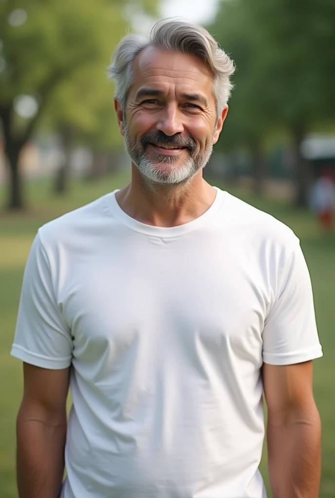 man dressed in white t-shirt, grey hair, light smile, modern, En plein air, super detail