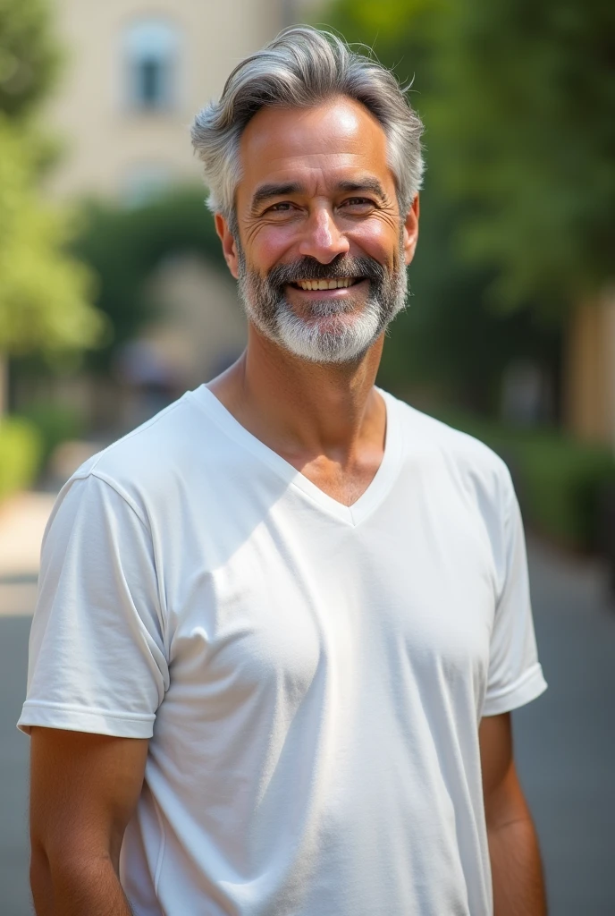 man dressed in white t-shirt, grey hair, light smile, modern, En plein air, super detail