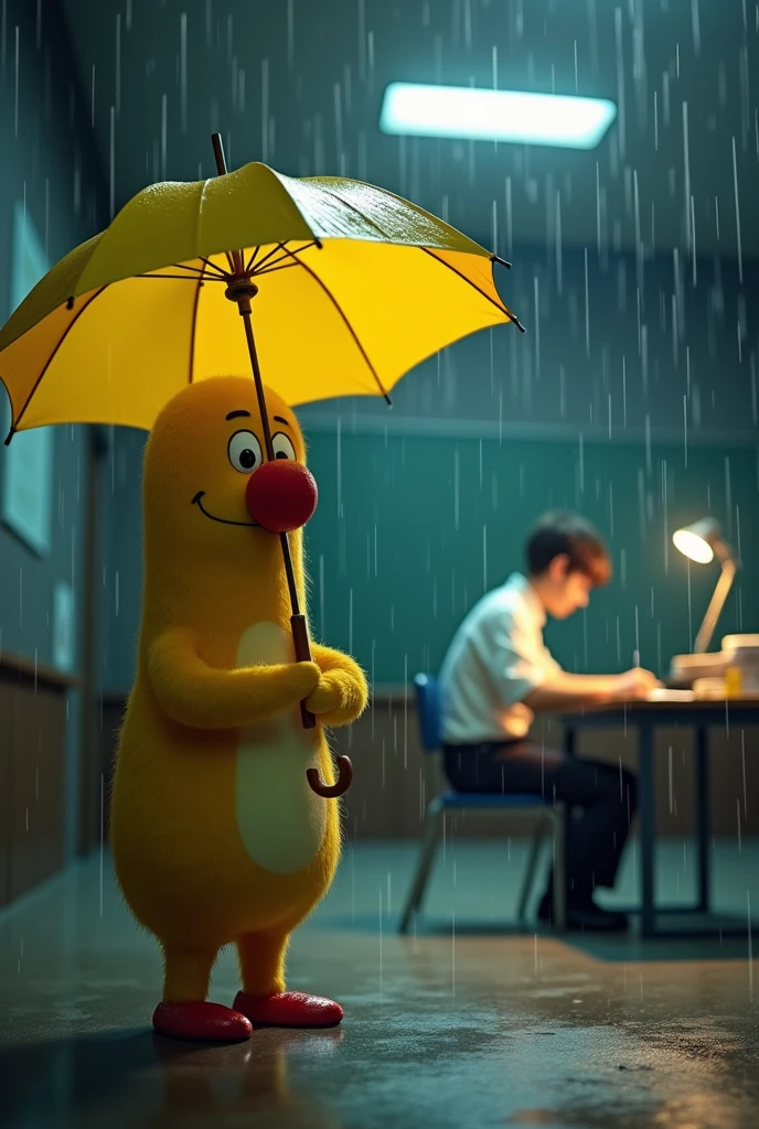 There is a mole doll standing in the rain and dark sky, red nose, red shoes, holding a yellow umbrella, looking at a young boy, about 20 years old, sitting in a large classroom. He sits alone in the dark, he is wearing a white shirt, long black pants, sitting, holding a pen, doing homework on a paper on the table. The camera angle is through the umbrella into the classroom.