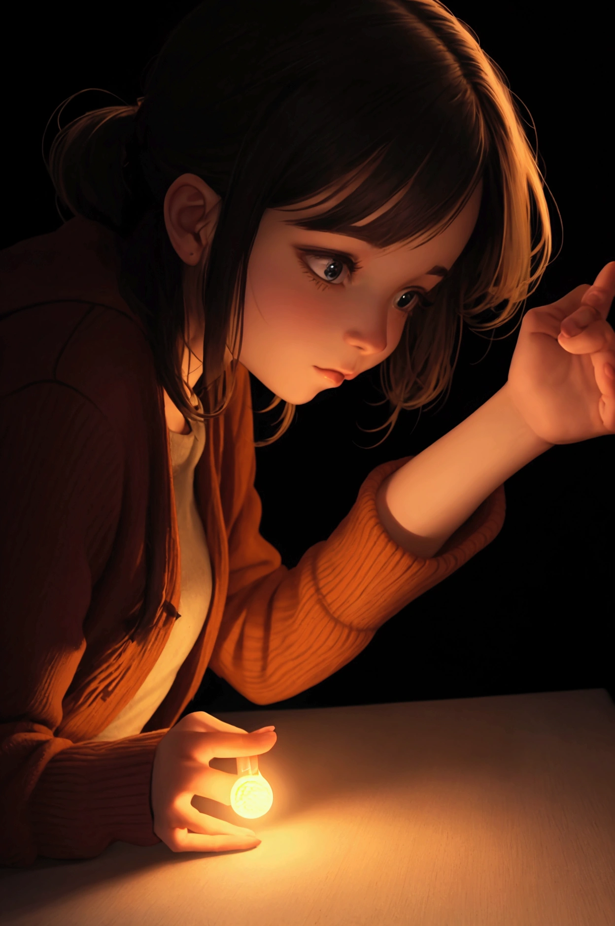Generated illustration of a girl trying to grab a small light in the darkness