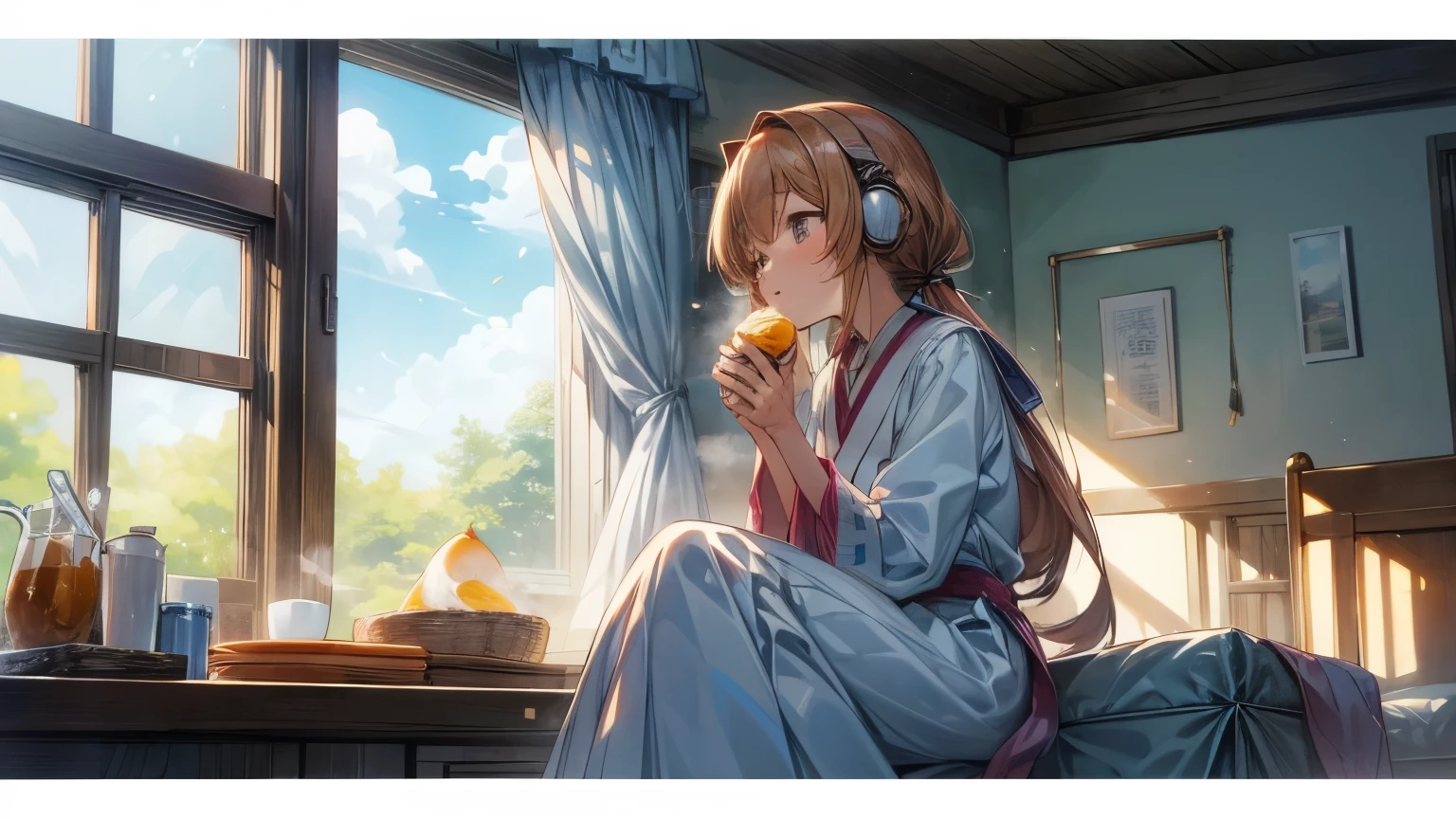 Highest quality,Asahiが差し込む部屋,One girl,Eating delicious looking ham and eggs, toast and coffee,listening to music with headphones on,Asahi,Windows are open、Wind、Light、curtain,女の子の髪もWindに揺られている。Lightがキラキラきらめいて美しい。My eyes are at the window。The background is watercolor-like anime style.,部屋の中はLightの粒子が煌めいて幻想的になっている,looking away,full body