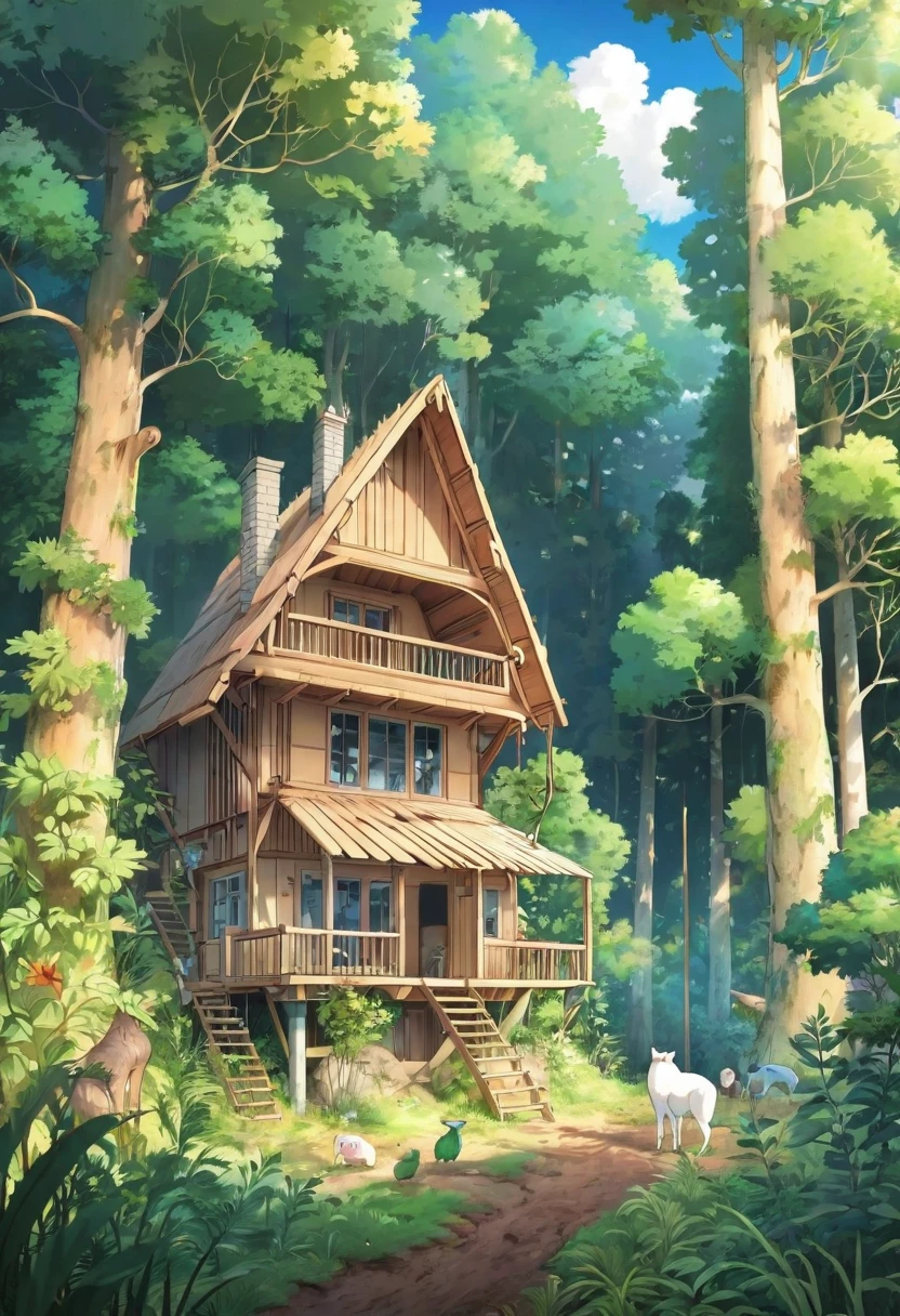 forest with a house being built by animals, detailed anime illustration, cute, (best quality,4k,8k,highres,masterpiece:1.2),ultra-detailed