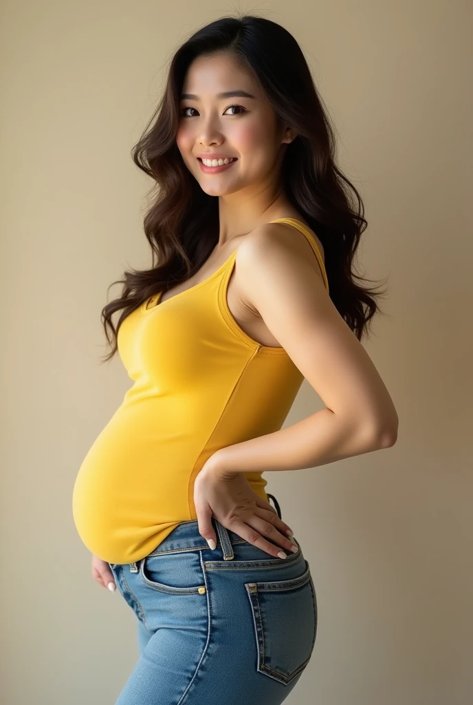 A Japanese woman in her 30s posing for a photo wearing a yellow top and jeans、Beautiful Japanese Mature、Gorgeous and Voluptuous Japanese Women、Ample Bust、Large Breasts、Beautiful Japanese Woman、Beautiful woman、Beautiful Asian Woman、Brunette Asian Married、Beautiful womanモデル、Gorgeous Japanese Model、Beautiful model girl、Photo of plump girl model