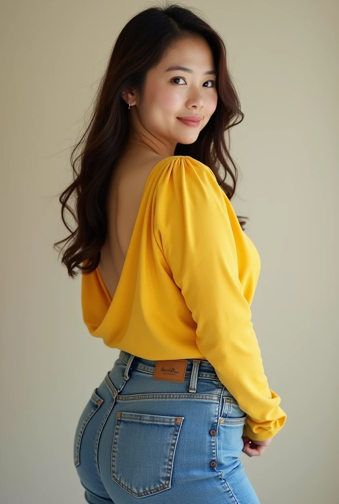 A Japanese woman in her 30s posing for a photo wearing a yellow top and jeans、Beautiful Japanese Mature、Gorgeous and Voluptuous Japanese Women、Ample Bust、Large Breasts、Beautiful Japanese Woman、Beautiful woman、Beautiful Asian Woman、Brunette Asian Married、Beautiful womanモデル、Gorgeous Japanese Model、Beautiful model girl、Photo of plump girl model