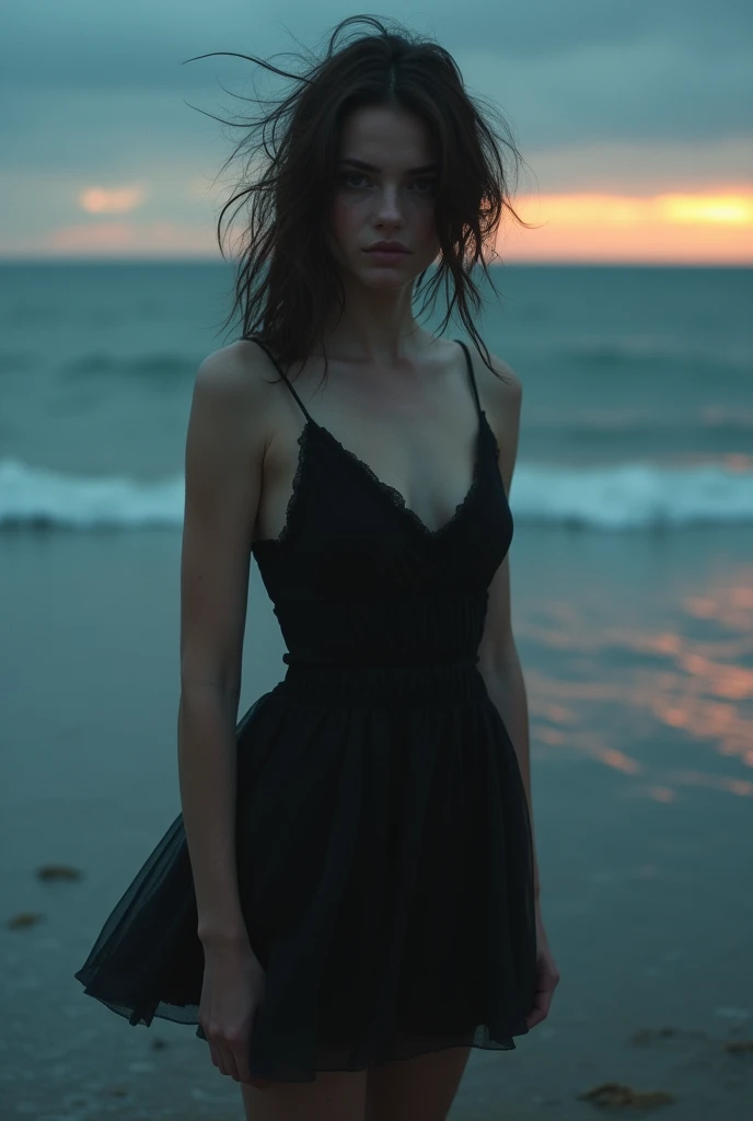 BEAUTIFUL HOT MODEL, SAD, BEACH, DARKNESS, SHORT DRESS, SAD SONG