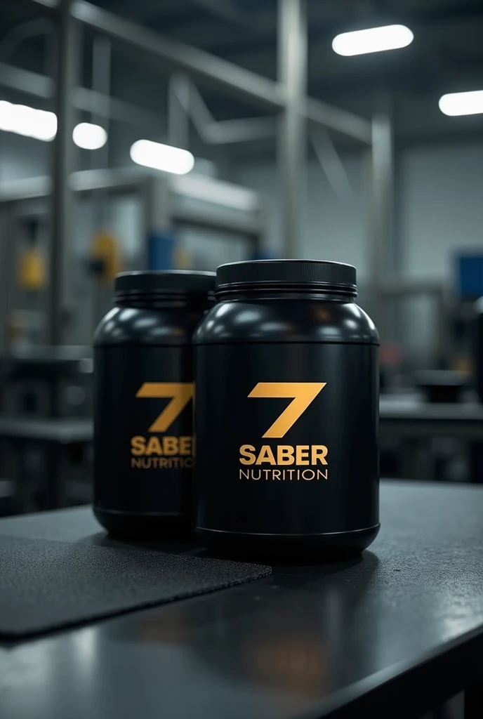 A dark factory where sports nutrition is produced, 3-2 kg plastic jars, black too, with a golden 7saber nutrition logo, let them show the mat, several machines, no need for now
