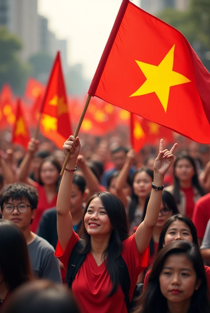 there are many people, holding the Vietnamese flag
