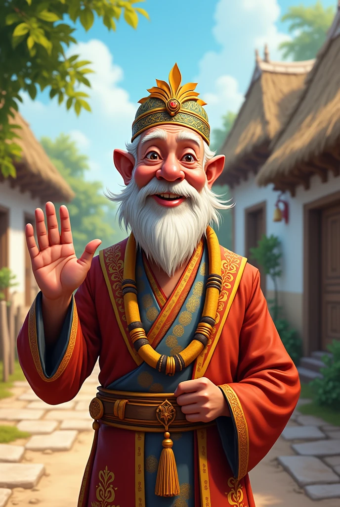 4k caricature image of a white village chief wearing official clothing, waving one right hand, realistis