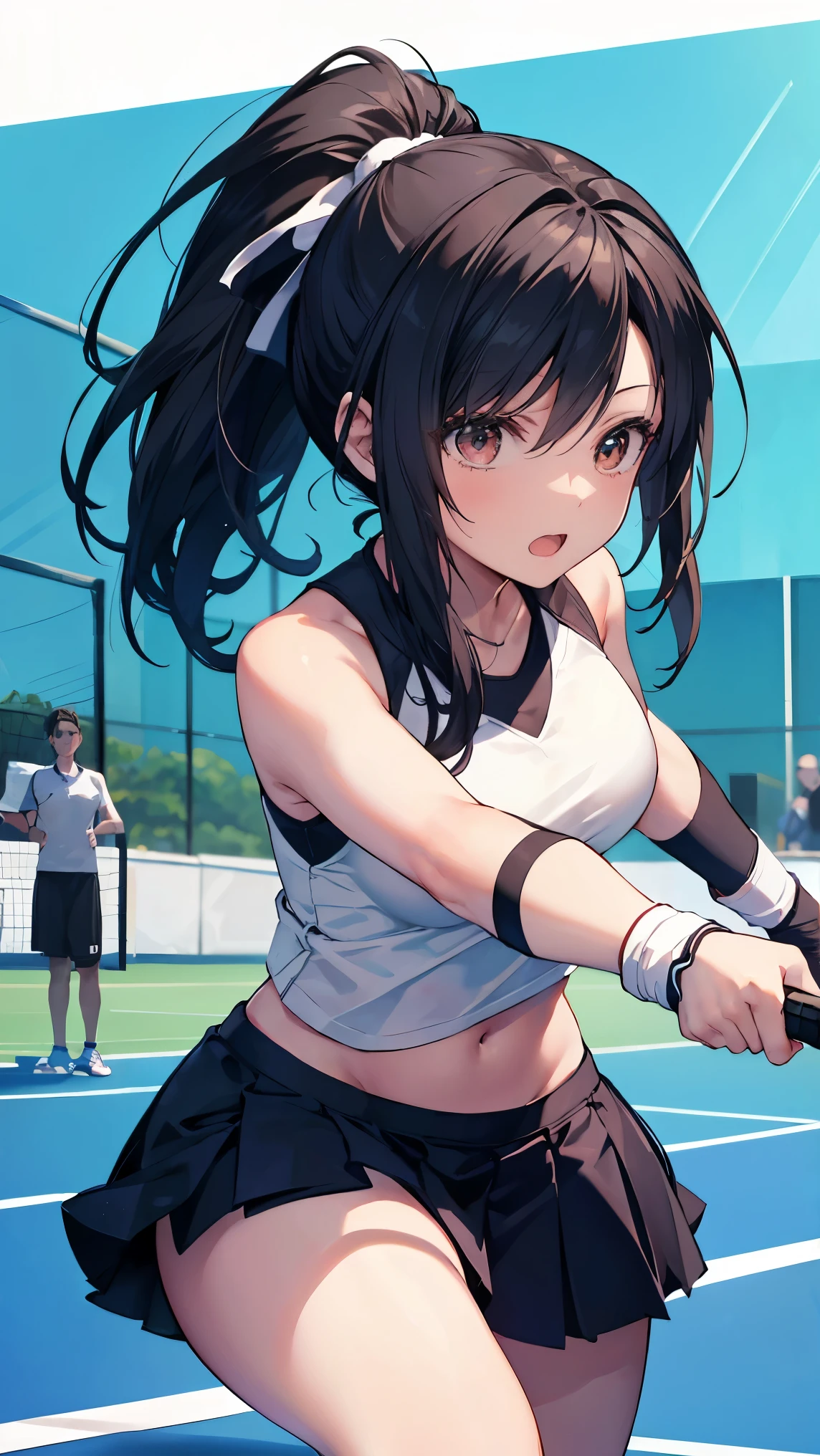 A dynamic tennis player with the appearance of Tifa Lockhart from Final Fantasy, wearing a modern tennis outfit. She has long, dark hair tied back in a ponytail, strong and athletic build, and is in the middle of a powerful serve on a vibrant tennis court. The background features a cheering crowd and a clear blue sky.