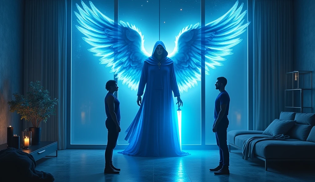 ultra realistic image of archangel michael blue tunic and cape with hood, with his blue flame sword, entering through the window of the house and illuminating the couple who are arguing, convey depth, in the background the modernist room of a house