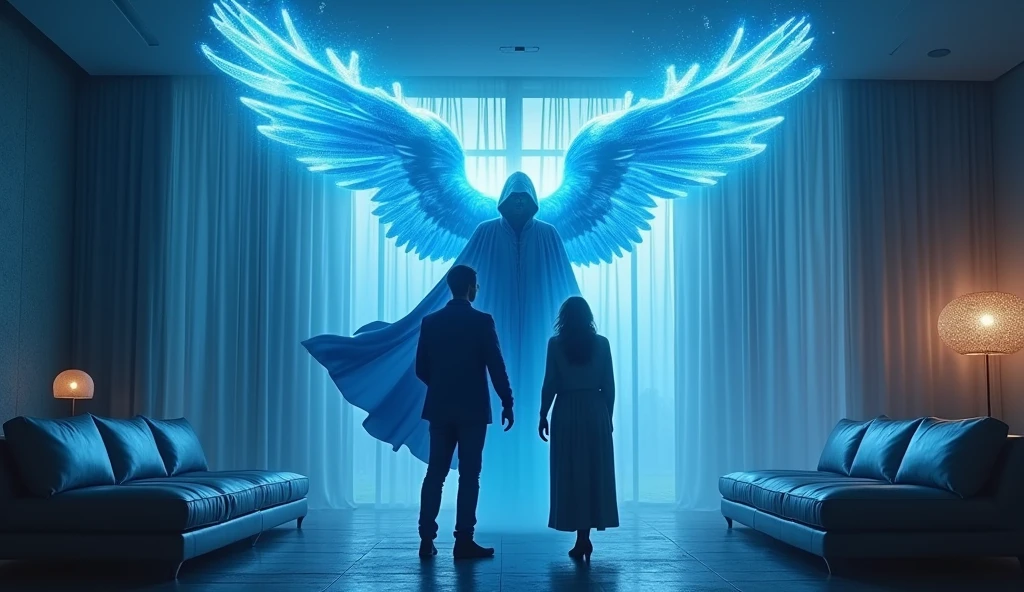 ultra realistic image of archangel michael blue tunic and cape with hood, with his blue flame sword, entering through the window of the house and illuminating the couple who are arguing,  convey depth, in the background the modernist room of a house