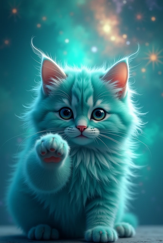create a turquoise cat, realisitic, fluffly, he has his paw in front, leaning on the image, the paw is in front, zoom na pata, the paw touches the camera lens, super realisitic, high realism, the background is turquoise galaxy