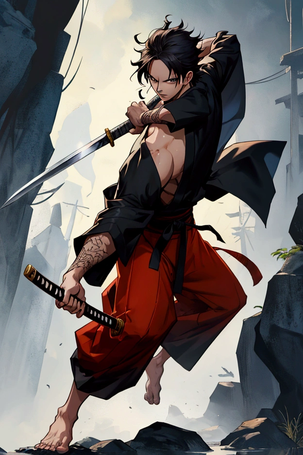 One piece original character, male 20 years old, balack hair, use one katana, martial arts, full body, same clothes as the picture