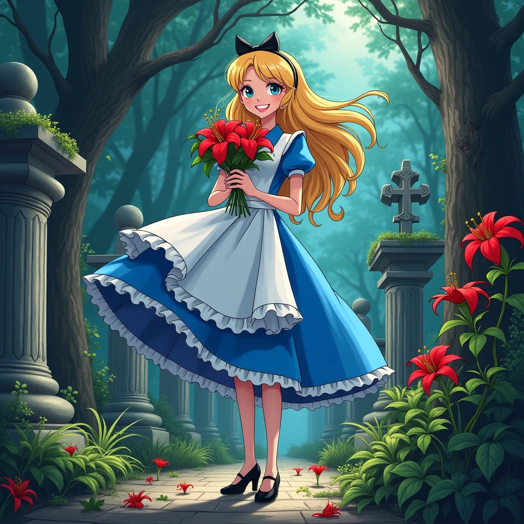 A masterpiece, boldly drawn anime-style illustrations, detailed drawings, humorous and crazy, cinematic lighting, a cemetery, Alice, the heroine of "Alice in Wonderland", visiting a grave, holding a bouquet of red spider lilies in both hands. An invincible smile, even the dead are delighted.