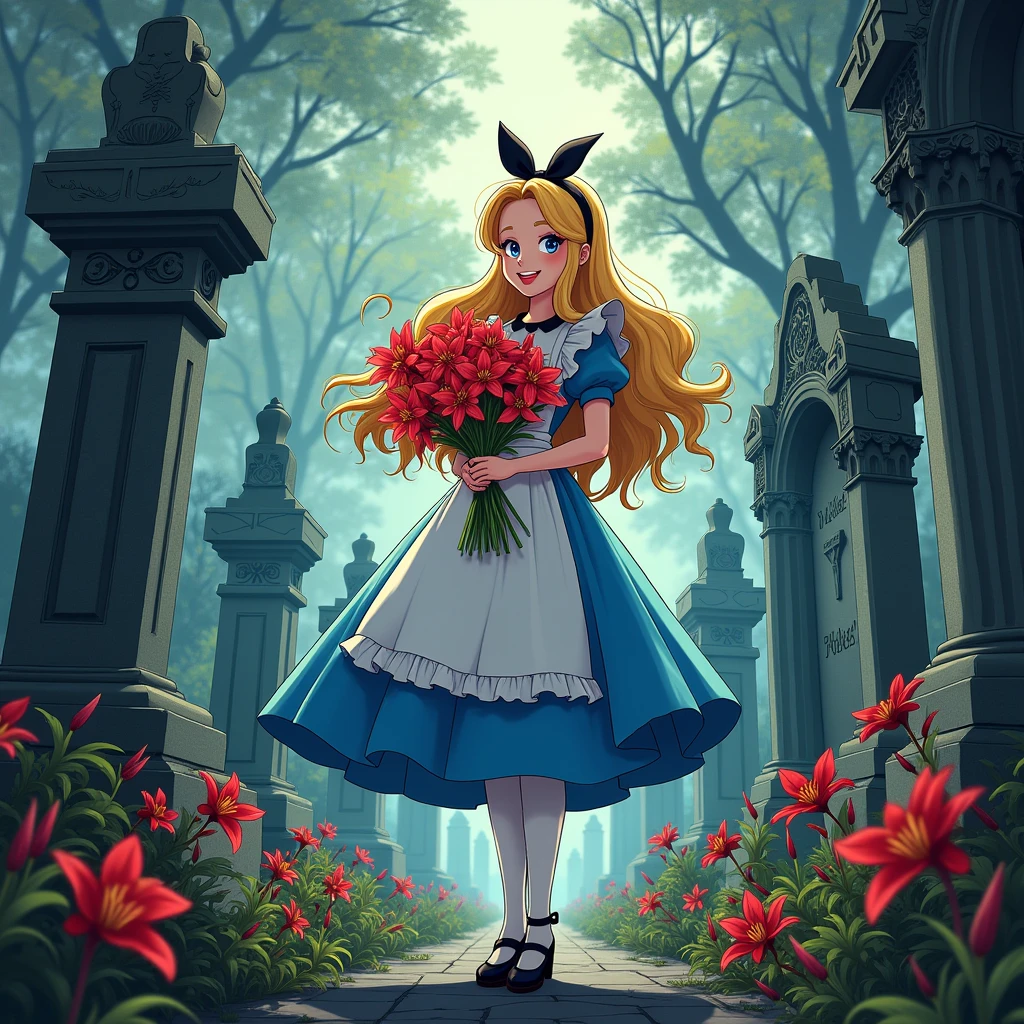A masterpiece, boldly drawn anime-style illustrations, detailed drawings, humorous and crazy, cinematic lighting, a cemetery, Alice, the heroine of "Alice in Wonderland", visiting a grave, holding a bouquet of red spider lilies in both hands. An invincible smile, even the dead are delighted.