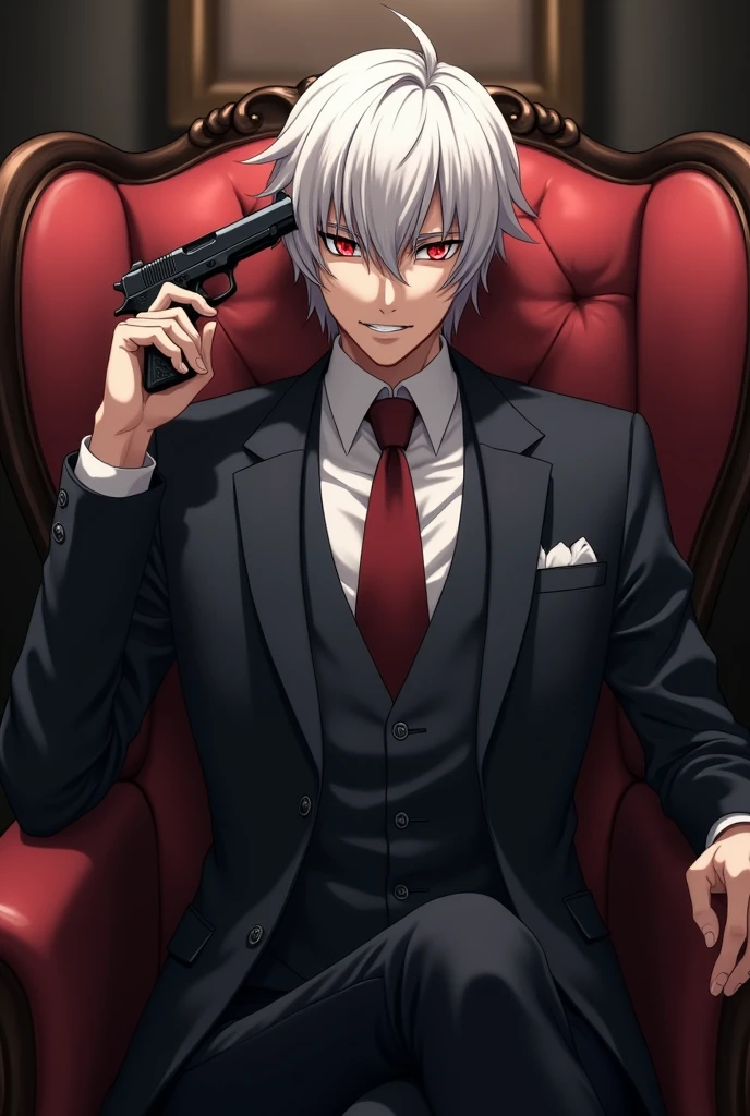 Man with white hair and red eyes, with a slight psychopathic smile, with formal suit, in a room, sitting on a comfortable, pointing a gun to his head . cheered up. anime.