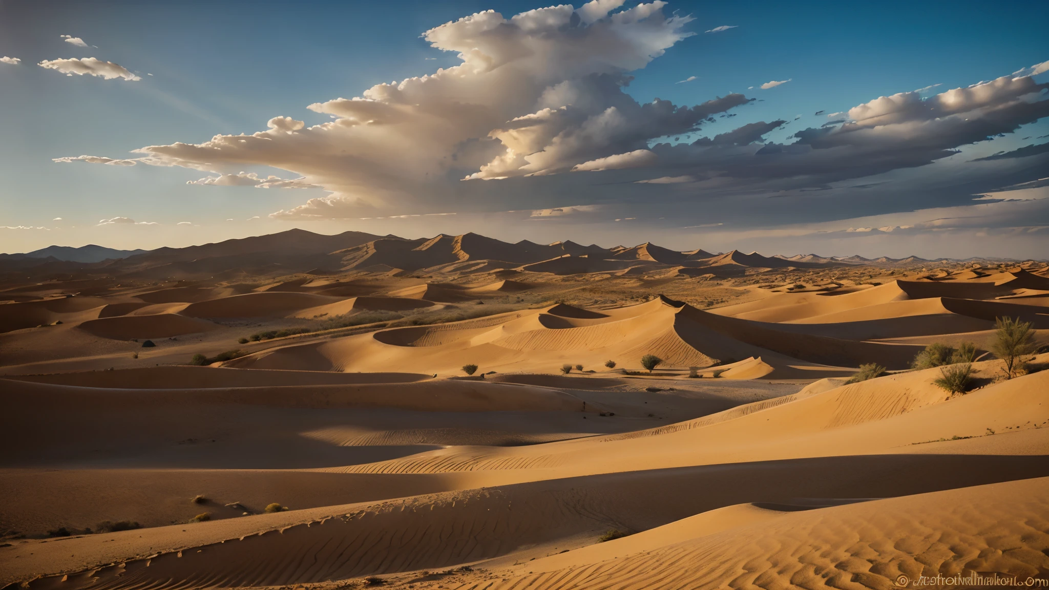 detailed desert landscape with golden text in the sky saying "Marrakech", blue sky, towering dunes, cinematic lighting, dramatic clouds, atmospheric haze, intricate textures, photorealistic, highly detailed, masterpiece