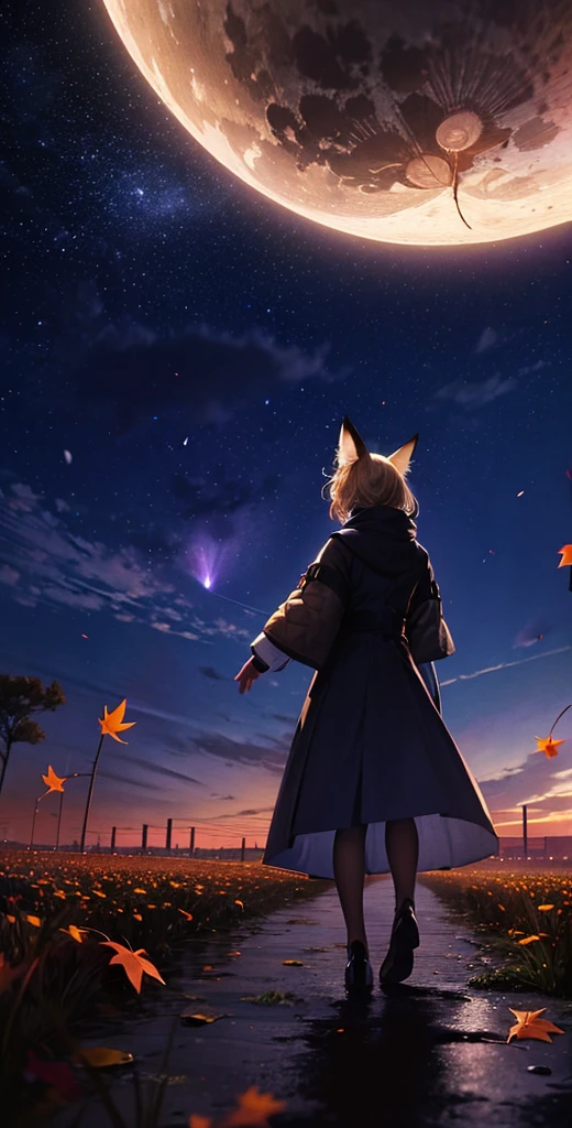 １people々々々々々々々々々々々々々,Woman with medium length blonde hair，Fox Ears，Long coat，Takageta， Dress Silhouette， Rear View，Space Sky, Full moon background，Flower Field，Colorful flowers，Dancing Petals，autumn，autumn leaves，rain，