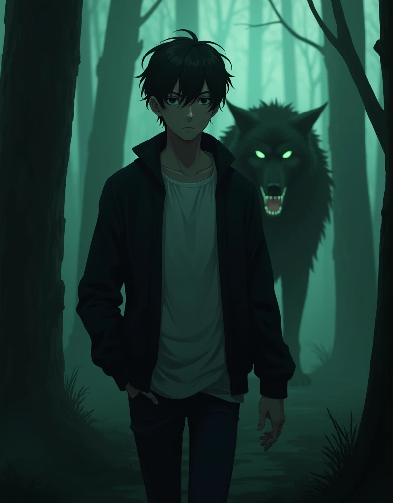 Create a anime style landscape image. Dark, atmospheric digital artwork featuring a young man with a serious expression and tousled dark hair, walking through a misty forest. He has a light skin tone and is wearing a dark jacket over a white shirt. Behind him, a large, menacing wolf with glowing eyes and sharp teeth is emerging from the shadows, adding a sense of danger and mystery to the scene. The background is filled with tall, shadowy trees and a faint, eerie greenish light, enhancing the overall ominous and suspenseful mood of the image.