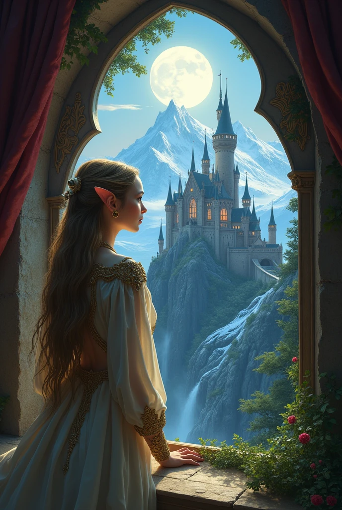 fantasy art, RPG art, a portrait picture of a (beautiful human princess: 1.2) looking through her window at a magical castle, a beautiful elven princess looking through her window to see a magical castle, an impressive best detailed castle, with towers, bridges, a moat, standing on top of a mountain, moon, colouredglazecd_xl, BJ_Full_Moon