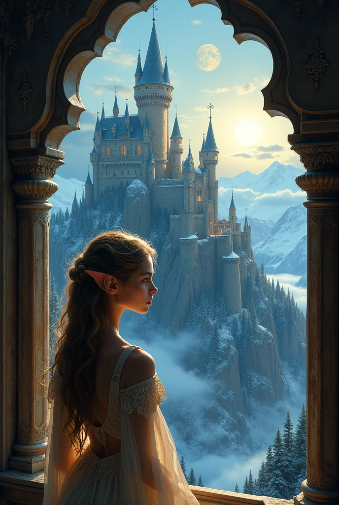 fantasy art, RPG art, a portrait picture of a (beautiful human princess: 1.2) looking through her window at a magical castle, a beautiful elven princess looking through her window to see a magical castle, an impressive best detailed castle, with towers, bridges, a moat, standing on top of a mountain, moon, colouredglazecd_xl, BJ_Full_Moon
